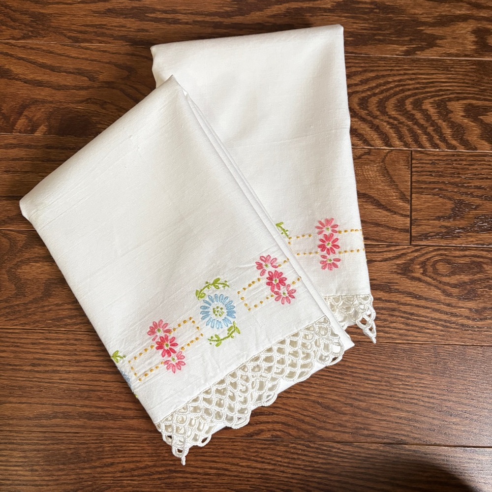 Set of Two Vintage Hand Embroidered Floral Crochet Edged Pillow Cases